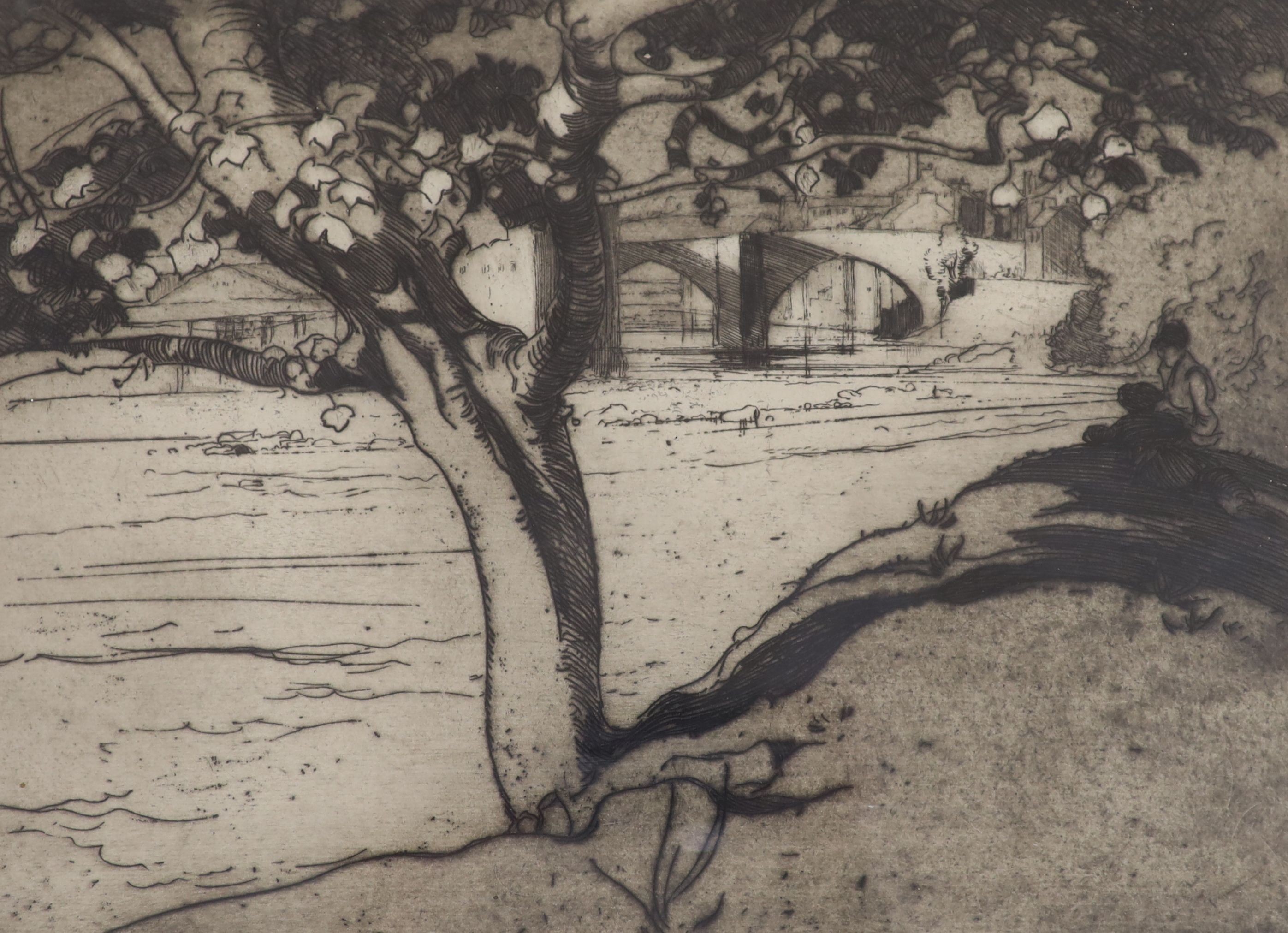 Frank Brangwyn (1867-1956), three etchings, Spanish Bridge, Tour de Faure, and Bridge viewed from beside a tree, all signed in pencil, 30 x 35cm, 25 x 35cm and 27 x 37cm